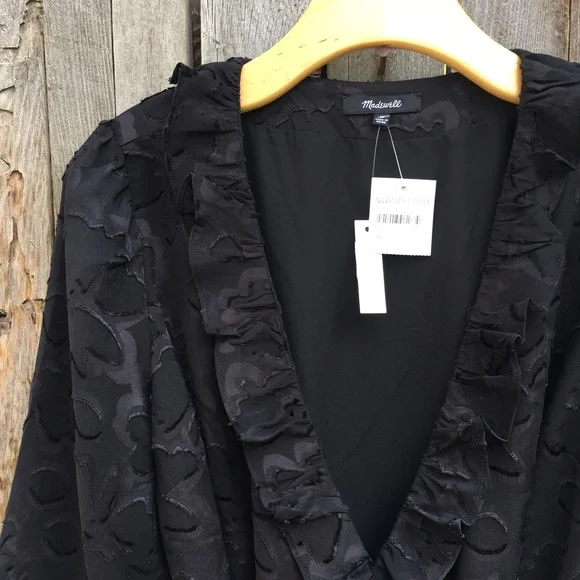NWT Madewell Ruffled Wrap Dress Black Floral Jacquard Polyester M - Picture 4 of 12